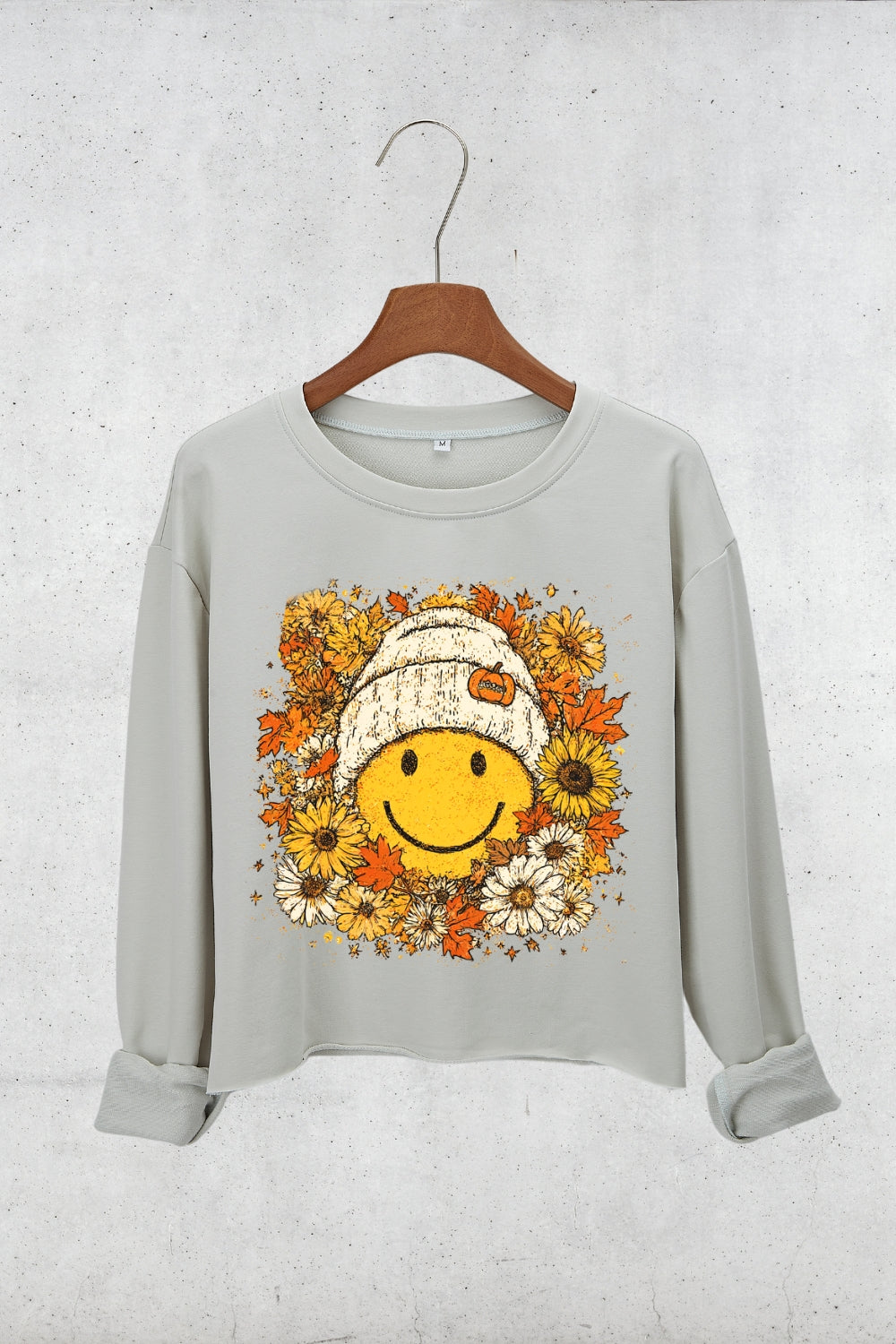 Floral Fall Smiley Face Crop Sweatshirt For Women