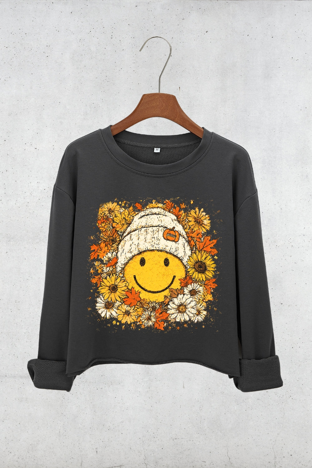 Floral Fall Smiley Face Crop Sweatshirt For Women