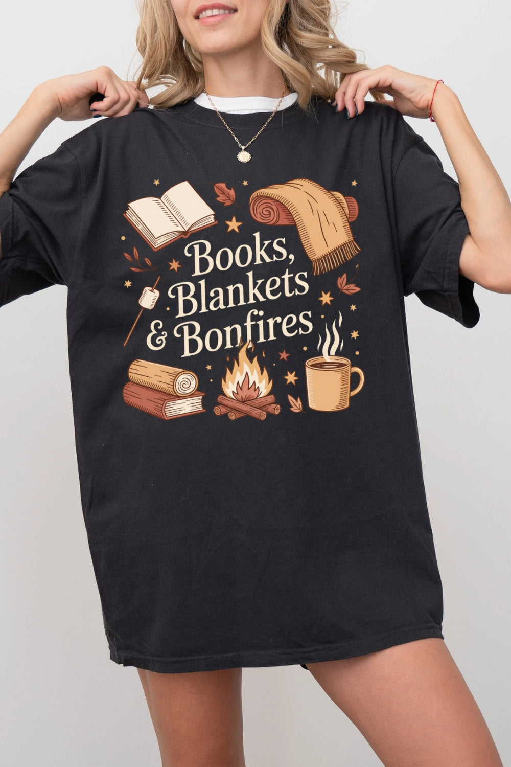 Cozy Fall Books Blankets Bonfires Tee For Women