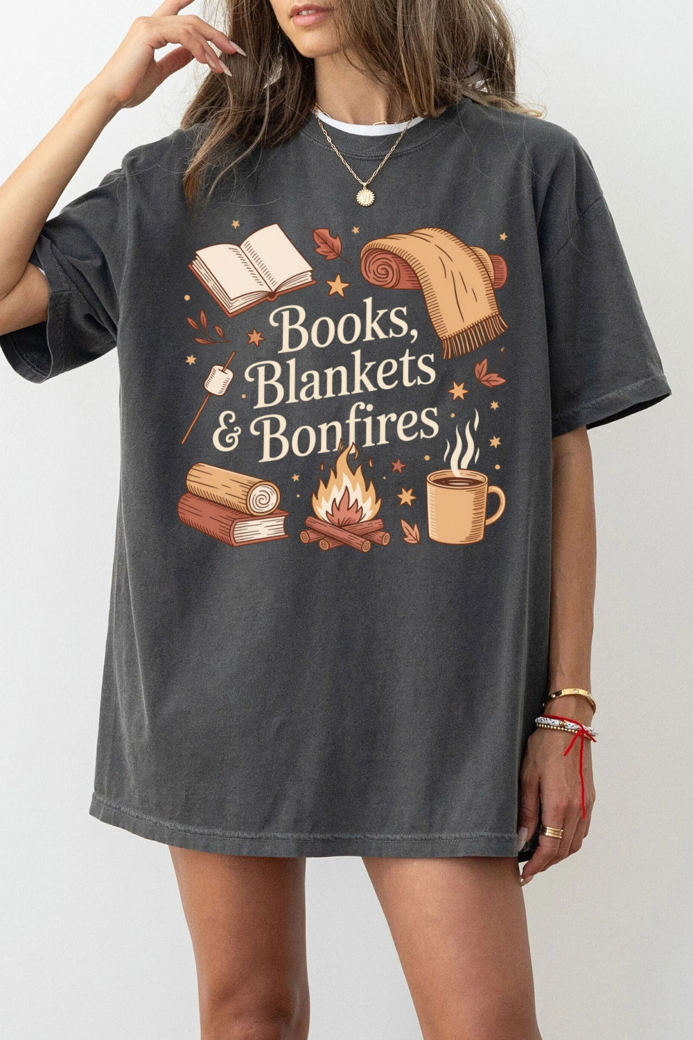 Cozy Fall Books Blankets Bonfires Tee For Women