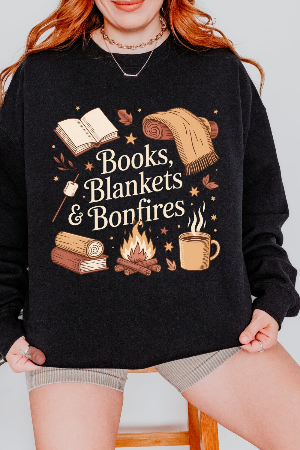 Cozy Fall Books Blankets Bonfires Sweatshirt For Women