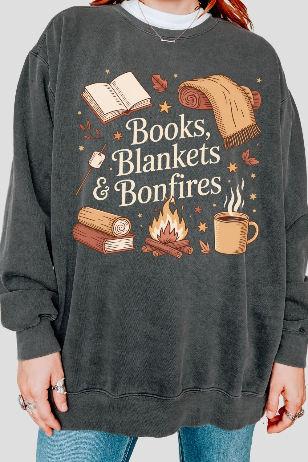 Cozy Fall Books Blankets Bonfires Sweatshirt For Women
