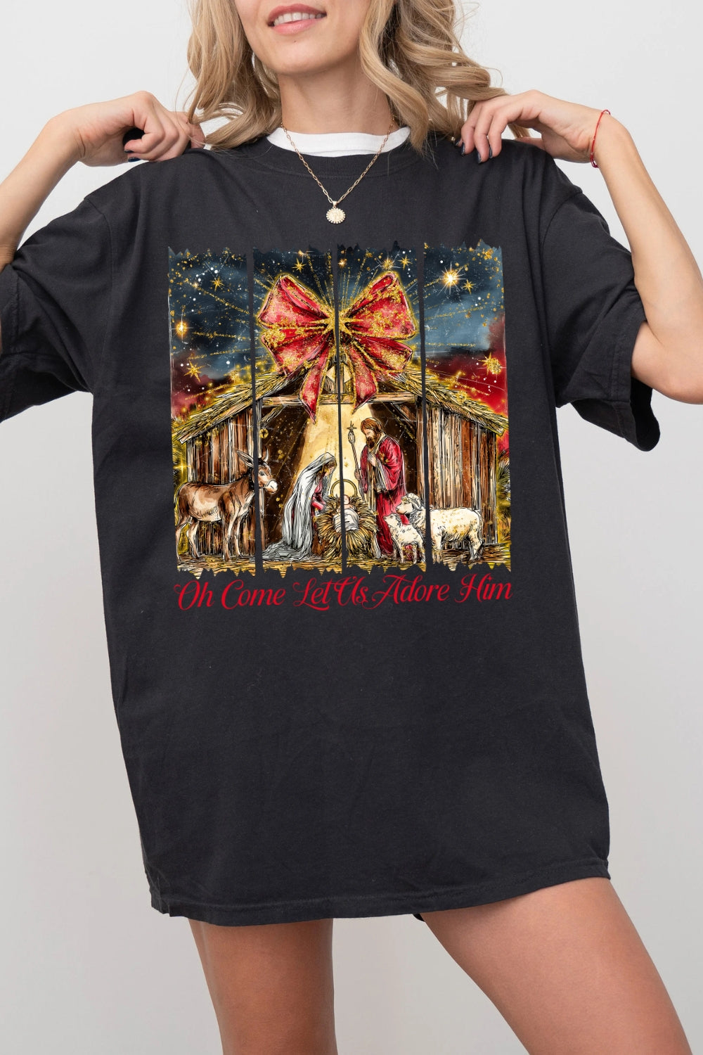 Oh Come Let Us Adore Him Glitter Faith Tee For Women