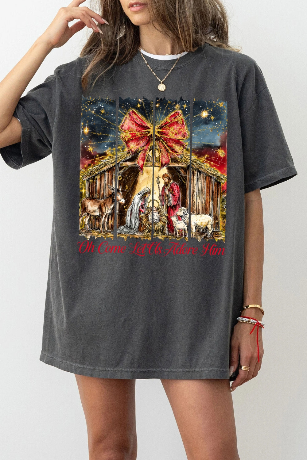 Oh Come Let Us Adore Him Glitter Faith Tee For Women