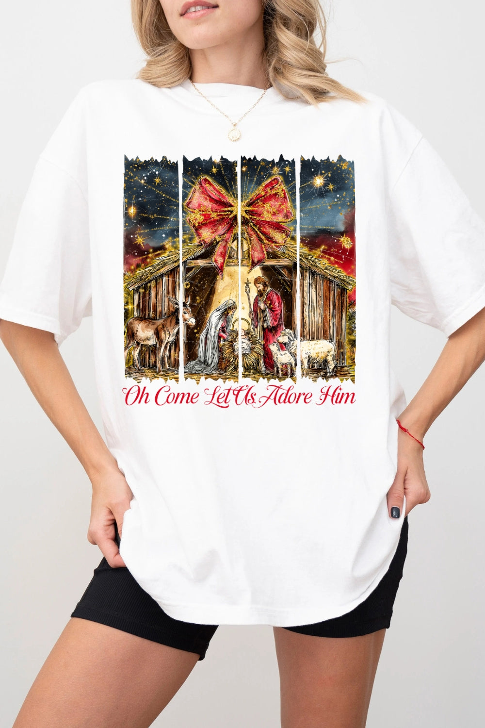 Oh Come Let Us Adore Him Glitter Faith Tee For Women