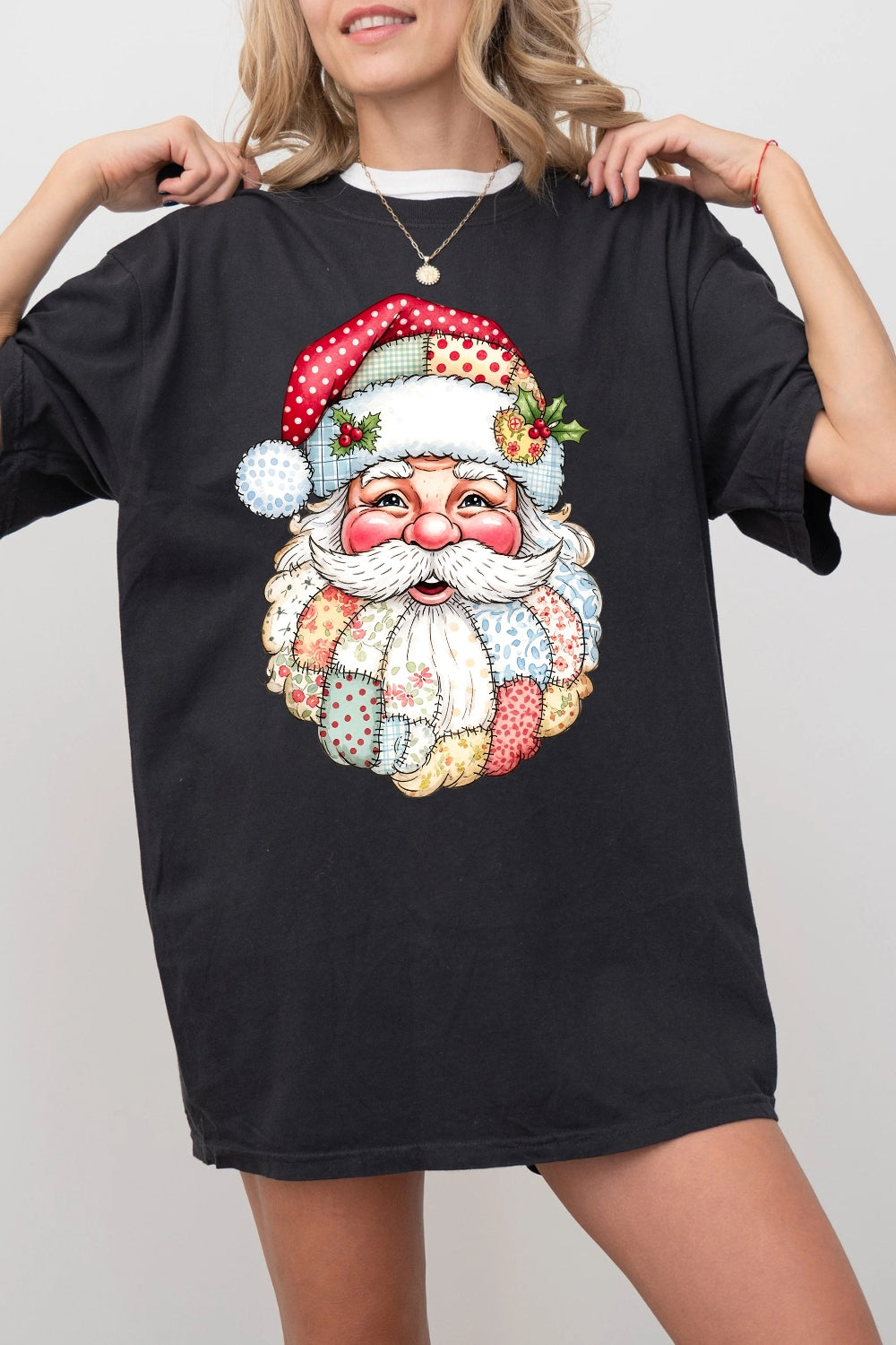 Patchwork Santa Claus Christmas Tee For Women