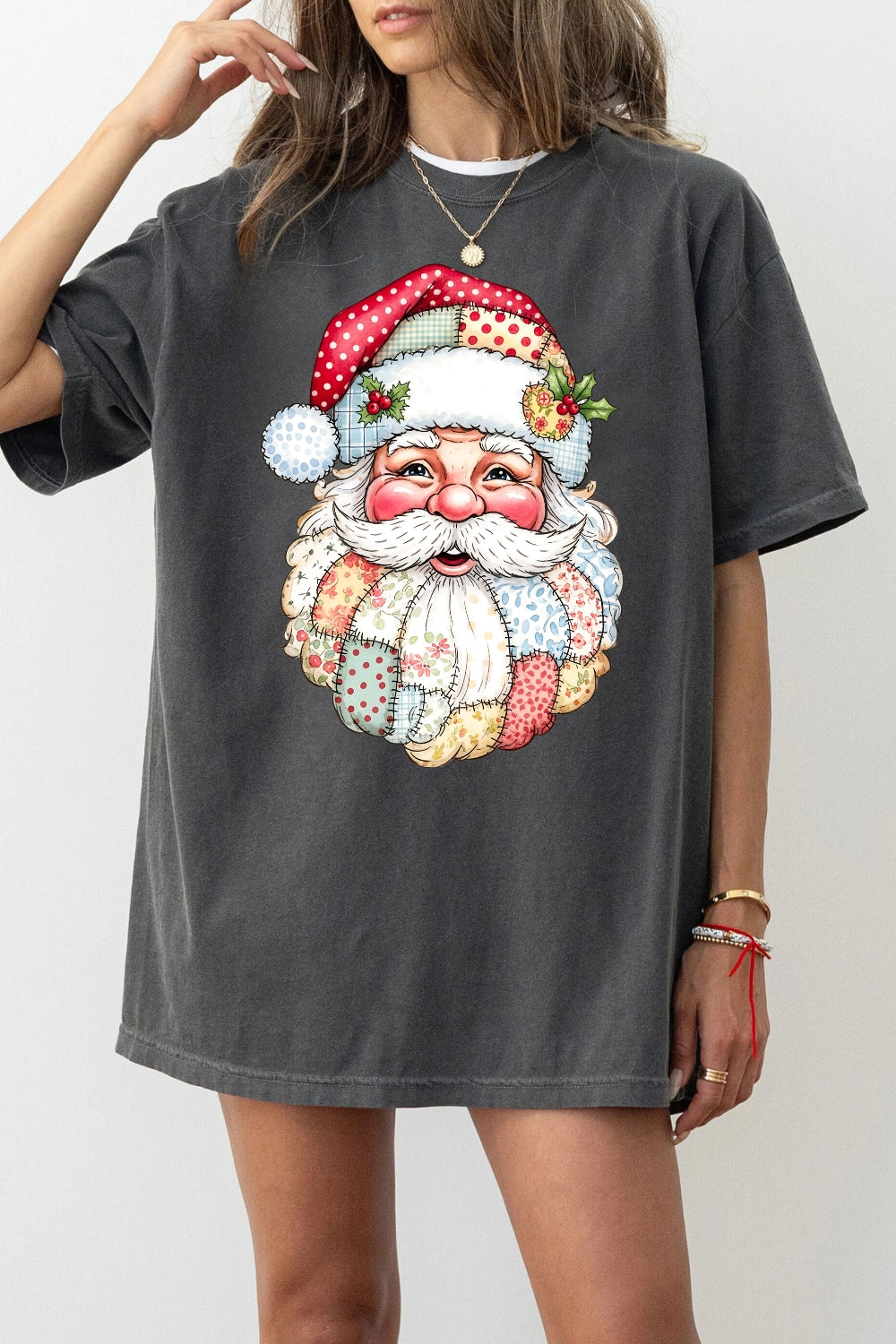 Patchwork Santa Claus Christmas Tee For Women
