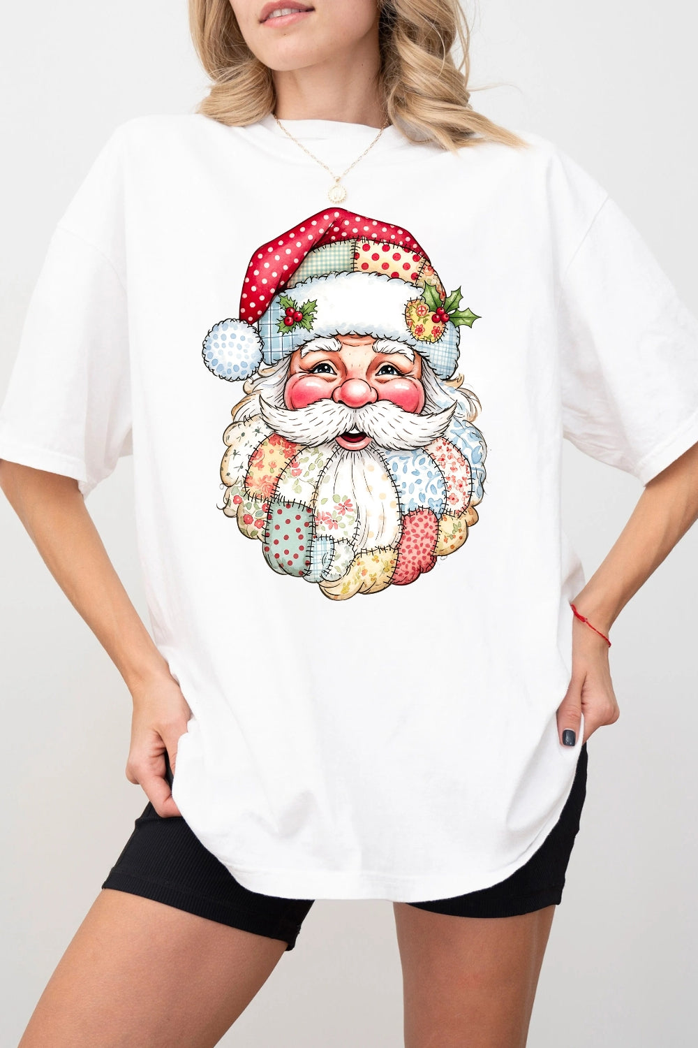 Patchwork Santa Claus Christmas Tee For Women
