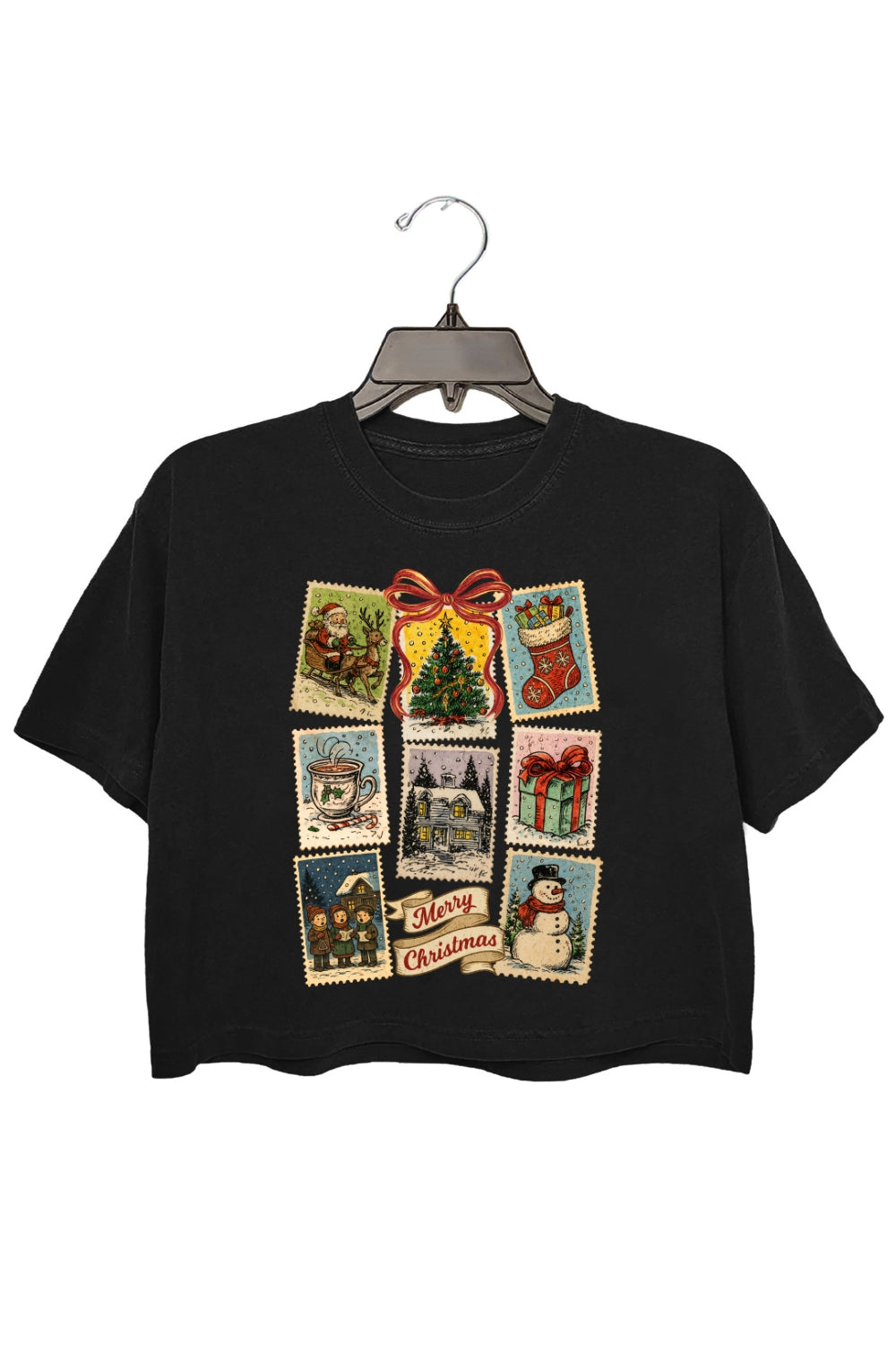 Vintage Christmas Stamp Holiday Postage Crop Top For Women