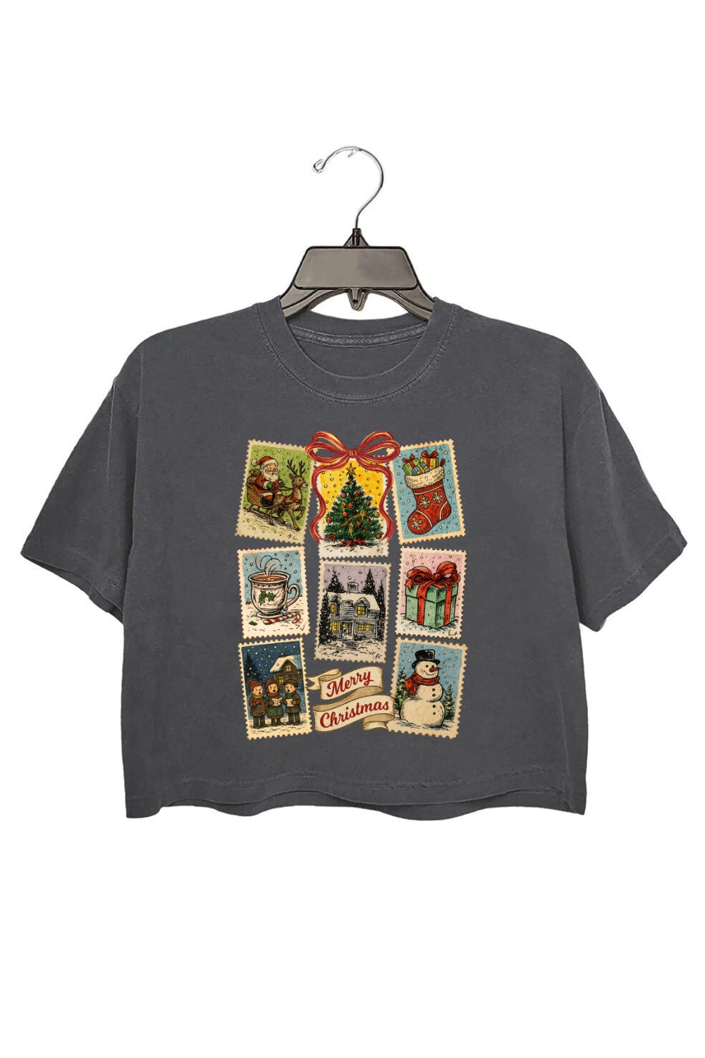 Vintage Christmas Stamp Holiday Postage Crop Top For Women