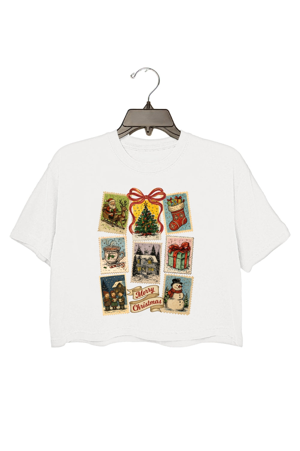 Vintage Christmas Stamp Holiday Postage Crop Top For Women