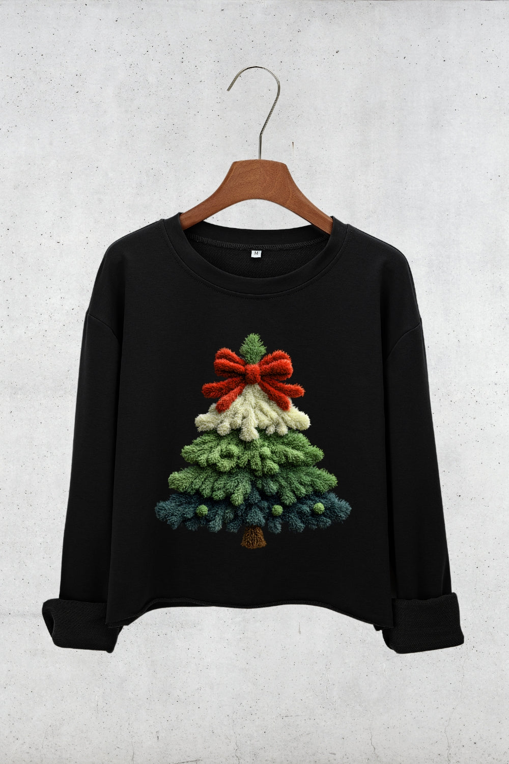 Faux Crochet Christmas Tree Crop Sweatshirt For Women