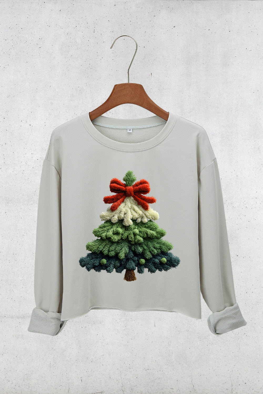 Faux Crochet Christmas Tree Crop Sweatshirt For Women