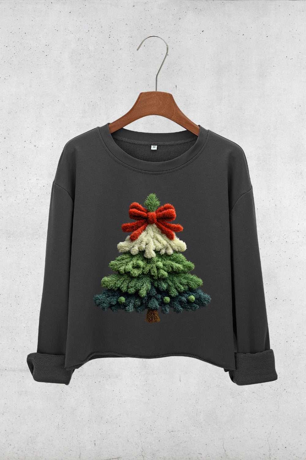 Faux Crochet Christmas Tree Crop Sweatshirt For Women