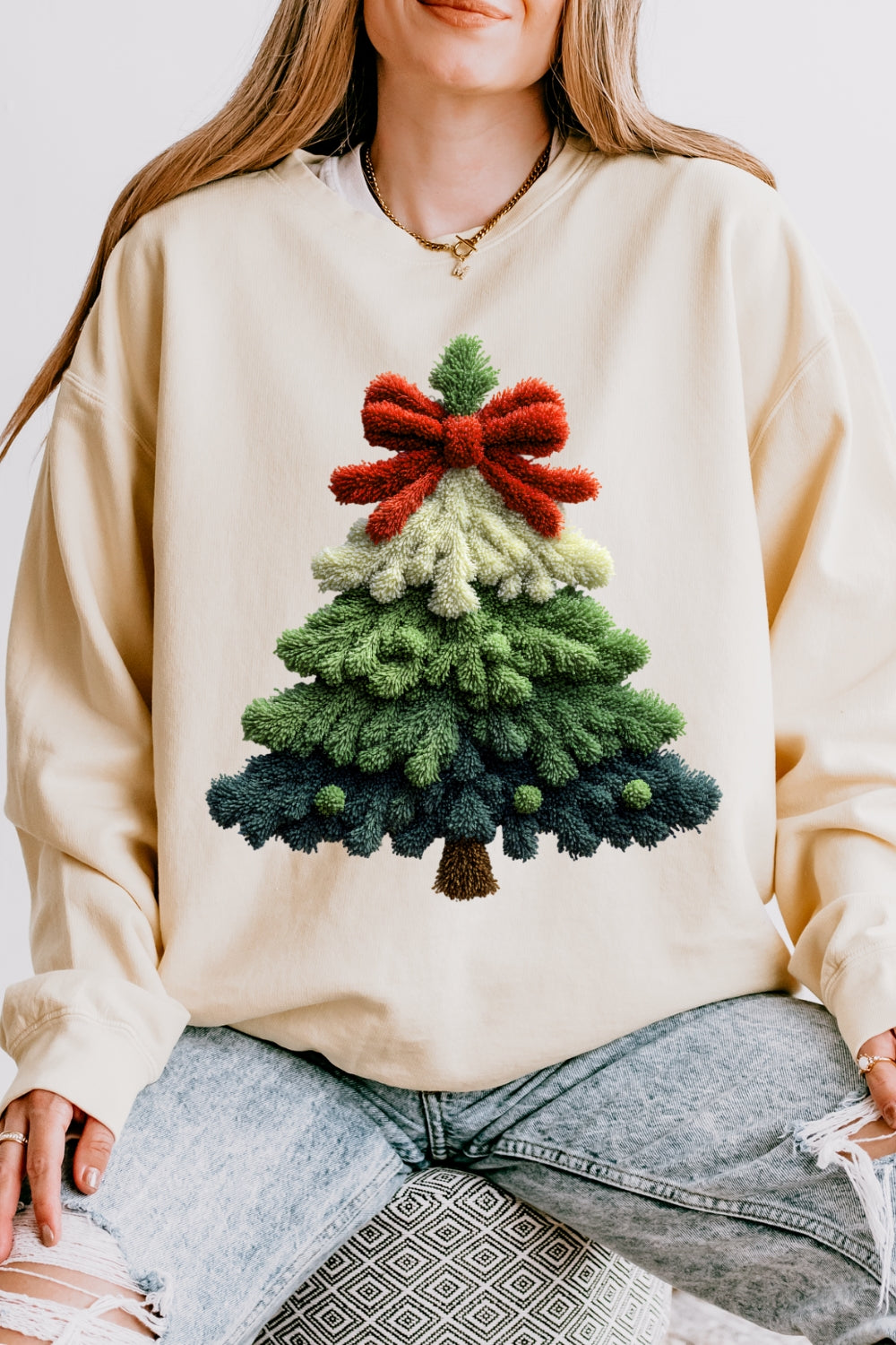Faux Crochet Christmas Tree Sweatshirt For Women