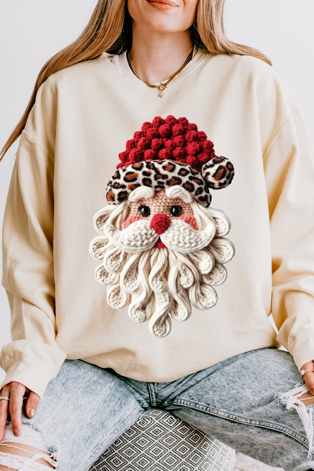 Retro Leopard Faux Yarn Santa Sweatshirt For Women