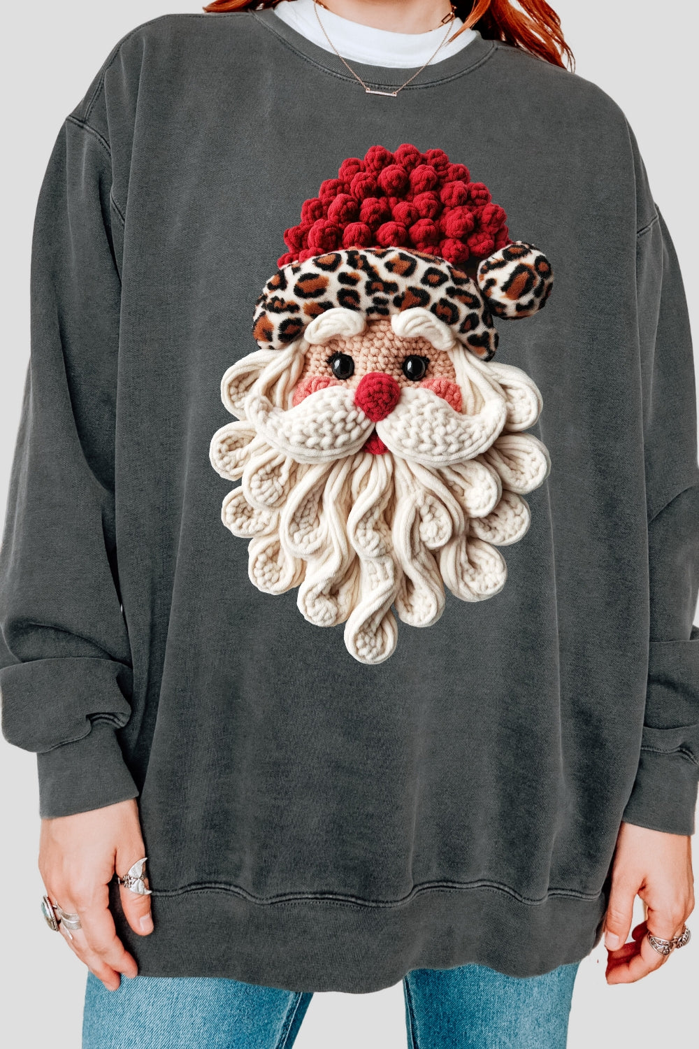 Retro Leopard Faux Yarn Santa Sweatshirt For Women