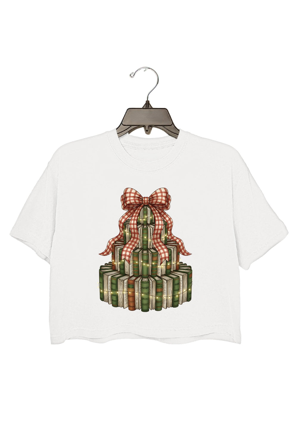 Retro Christmas Book Tree Crop Top For Women