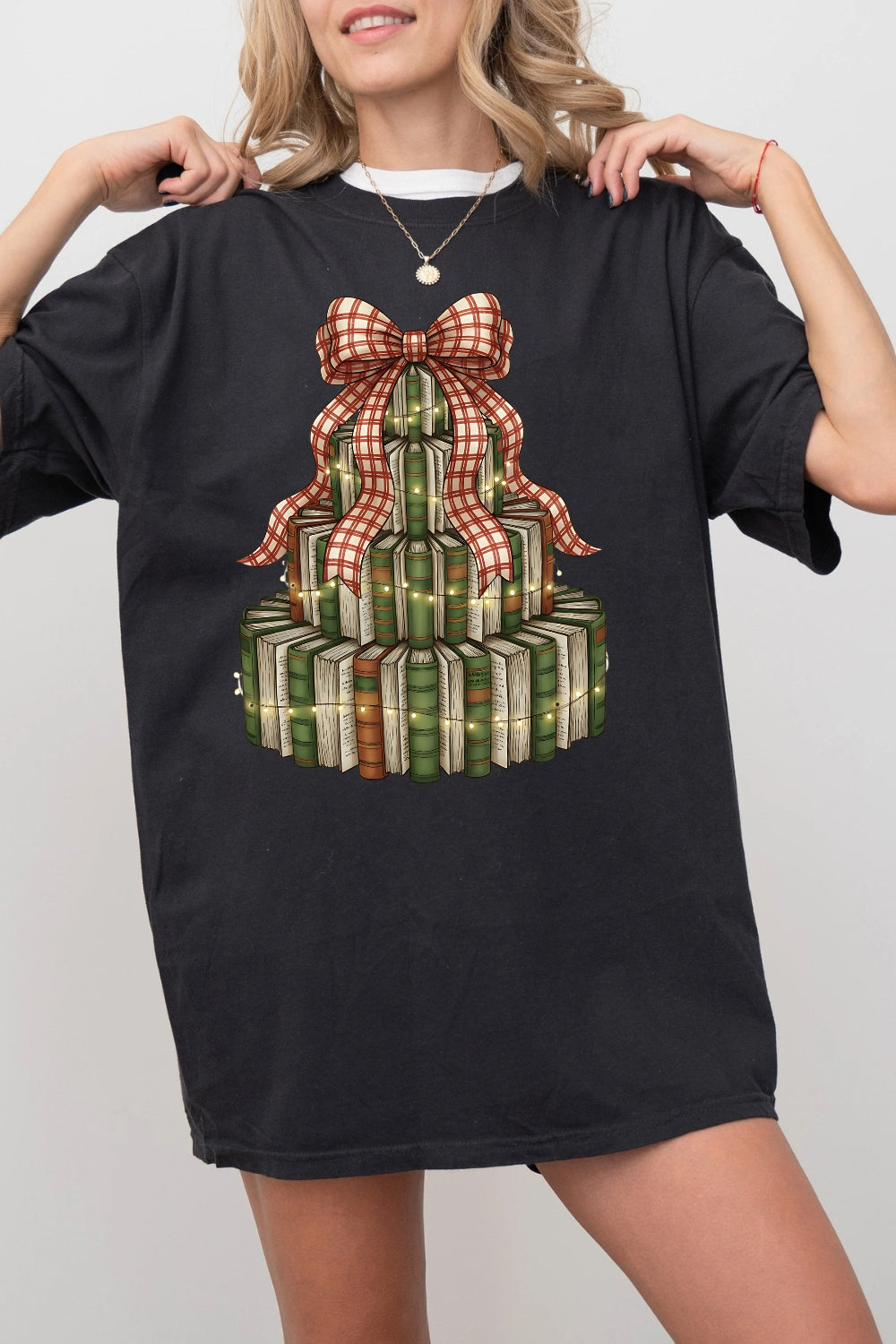 Retro Christmas Book Tree Tee For Women