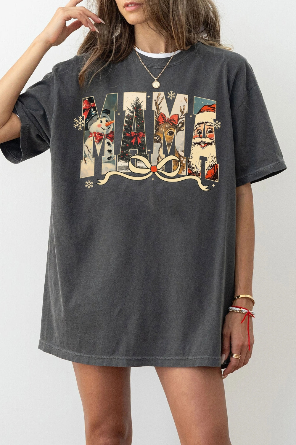 Preppy Christmas Mama Letters Tee For Women