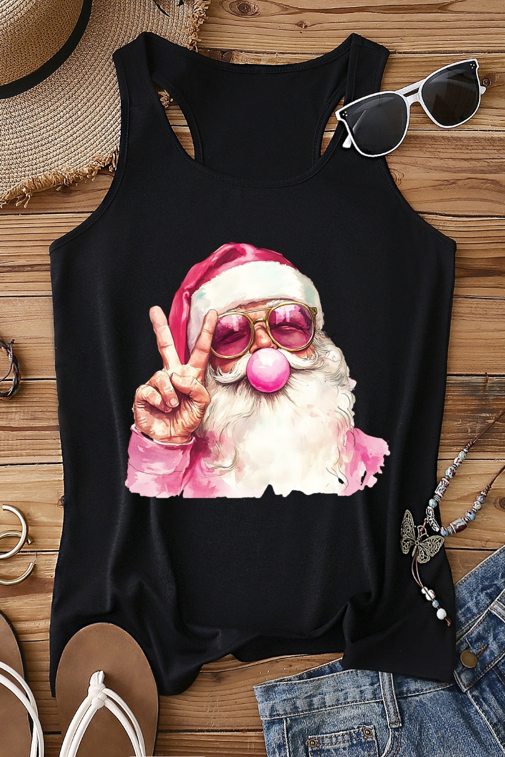 Retro Santa Christmas Blowing Bubble Tank Top For Women