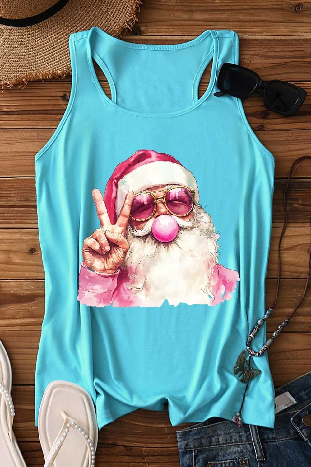 Retro Santa Christmas Blowing Bubble Tank Top For Women