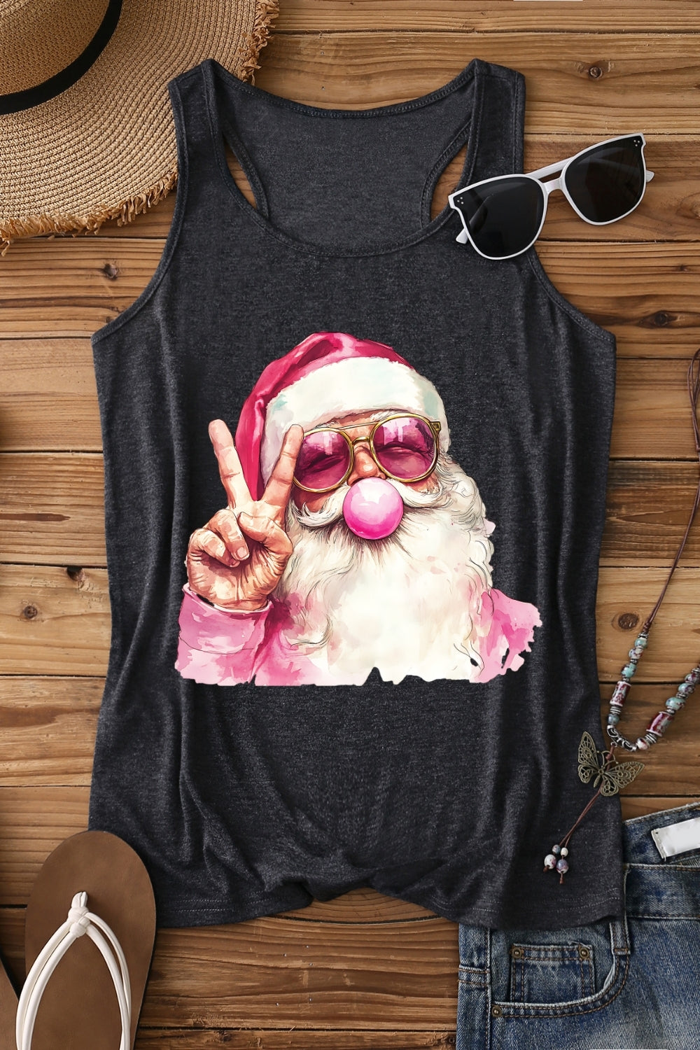 Retro Santa Christmas Blowing Bubble Tank Top For Women