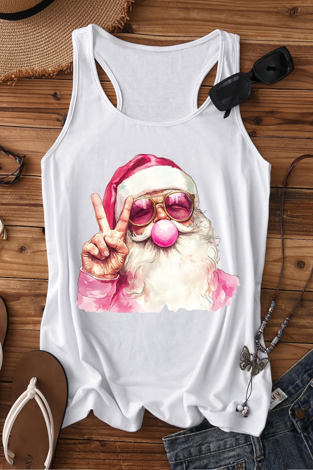 Retro Santa Christmas Blowing Bubble Tank Top For Women