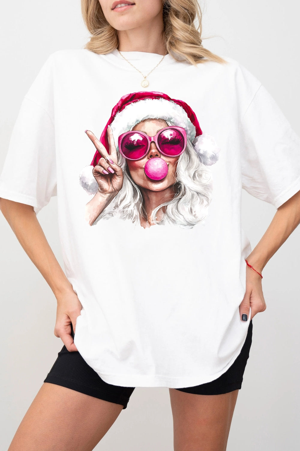 Retro Mrs Claus Blowing Bubble Christmas Tee For Women