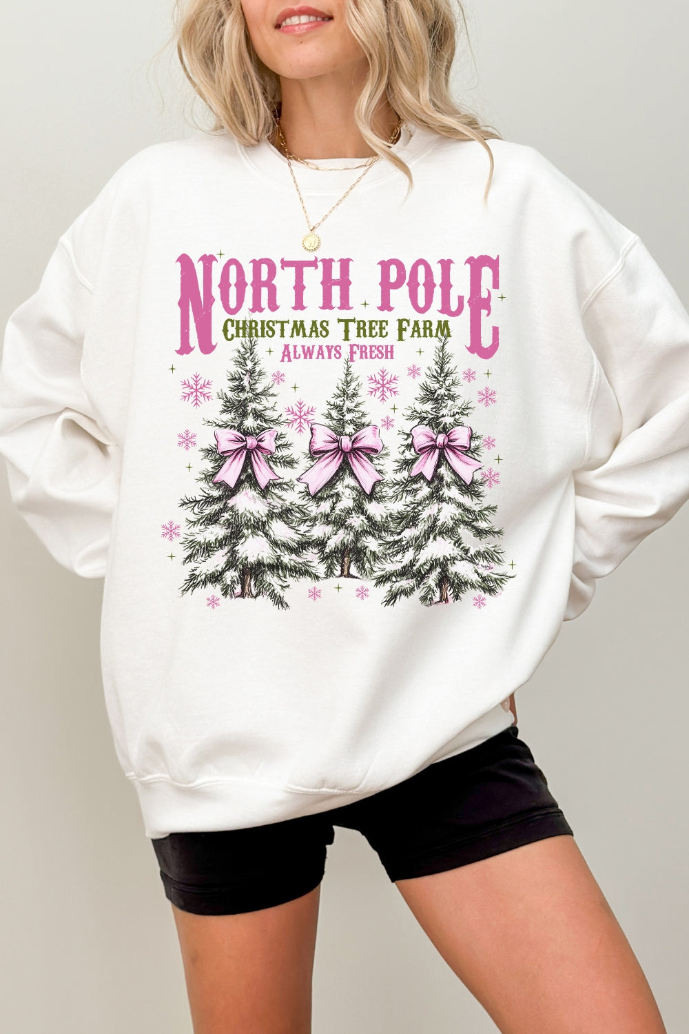 North Pole Pink Christmas Coquette Bow Sweatshirt For Women