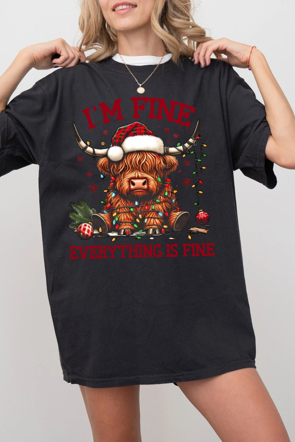 I'm Fine Everything Is Fine Christmas Highland Cow Tee For Women