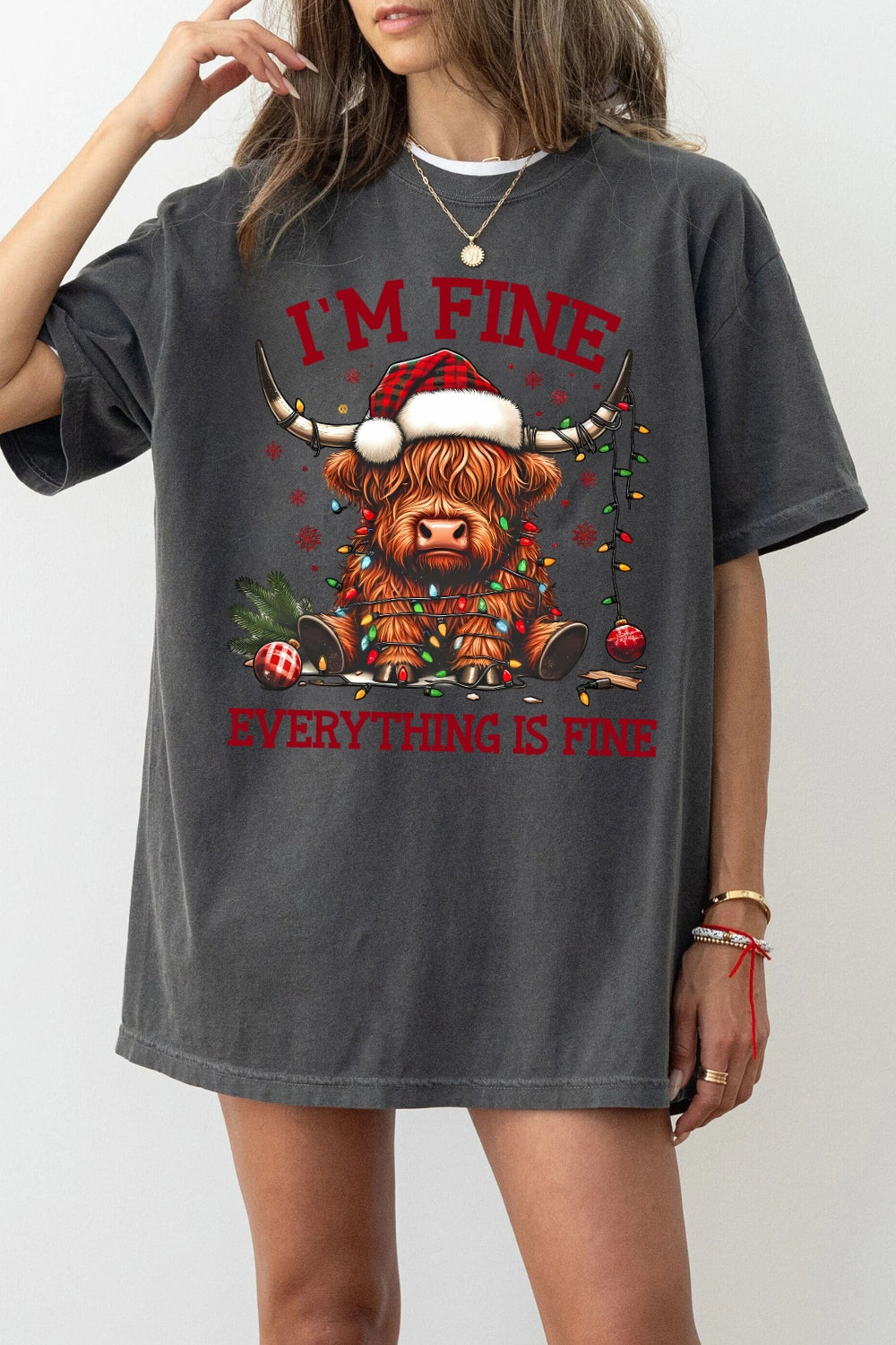 I'm Fine Everything Is Fine Christmas Highland Cow Tee For Women