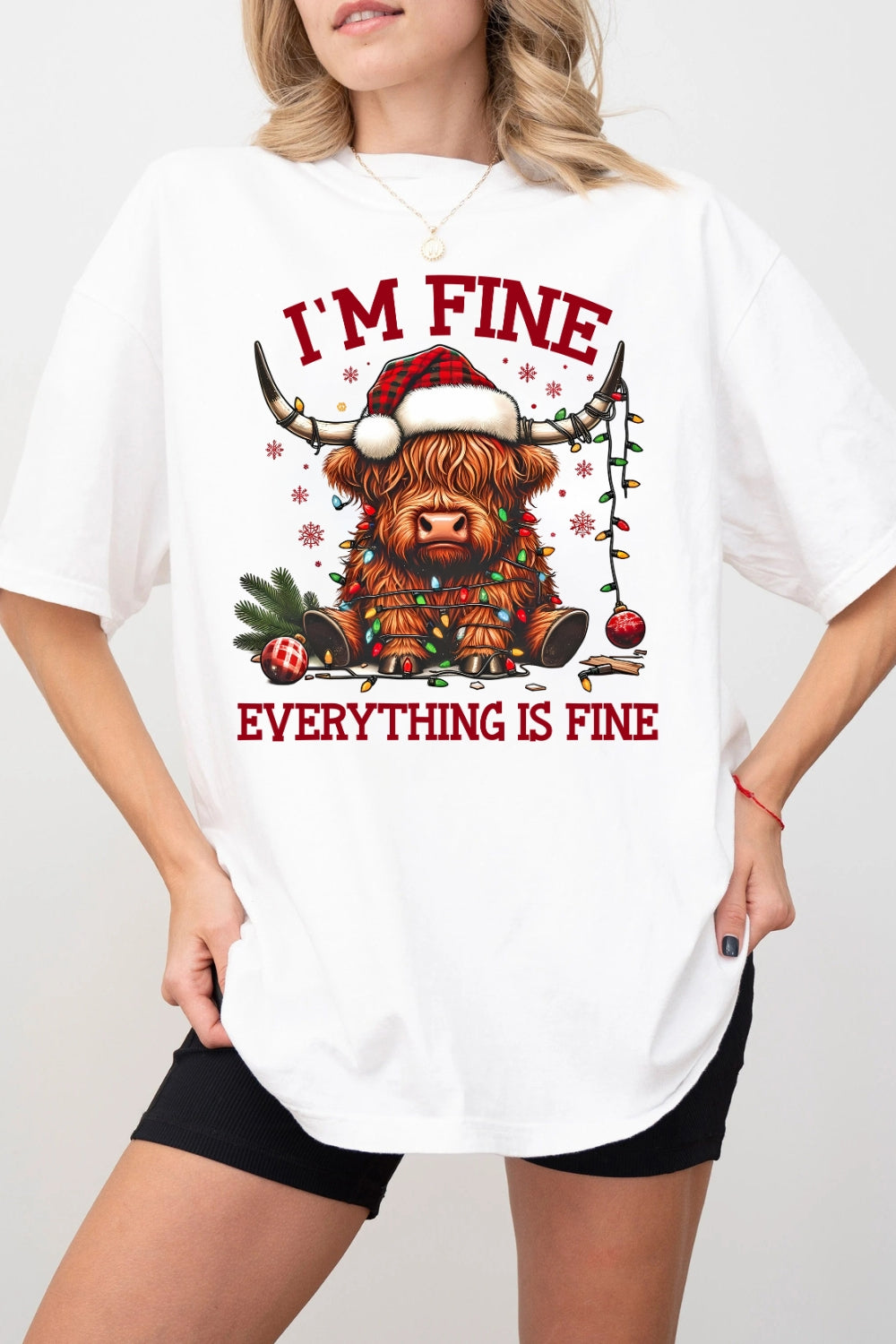 I'm Fine Everything Is Fine Christmas Highland Cow Tee For Women