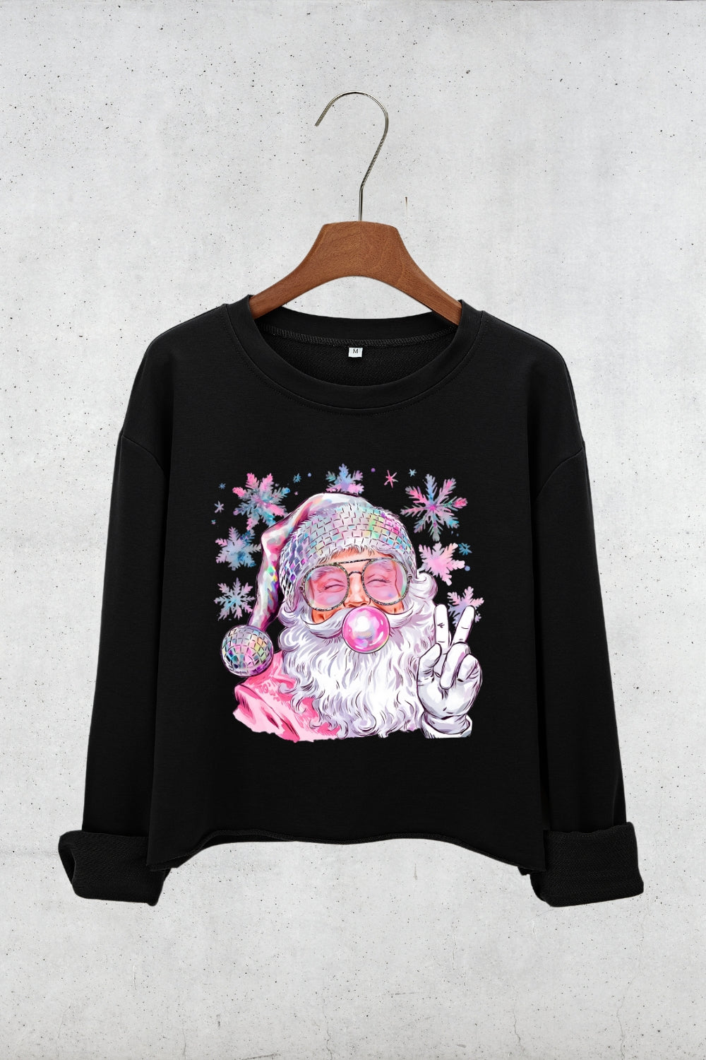 Snowflake Santa Christmas Blowing Bubble Crop Sweatshirt For Women