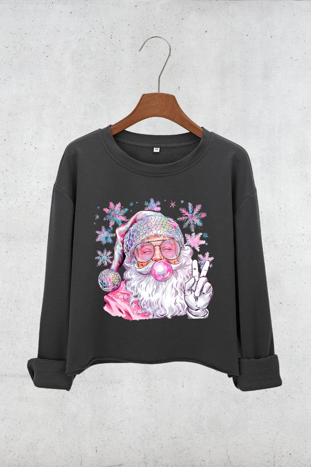 Snowflake Santa Christmas Blowing Bubble Crop Sweatshirt For Women