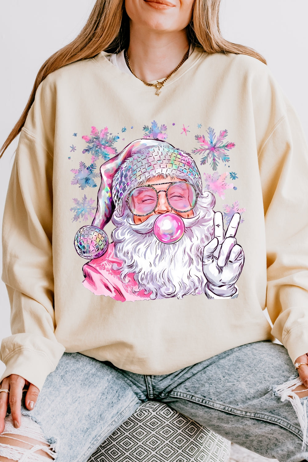 Snowflake Santa Christmas Blowing Bubble Sweatshirt For Women
