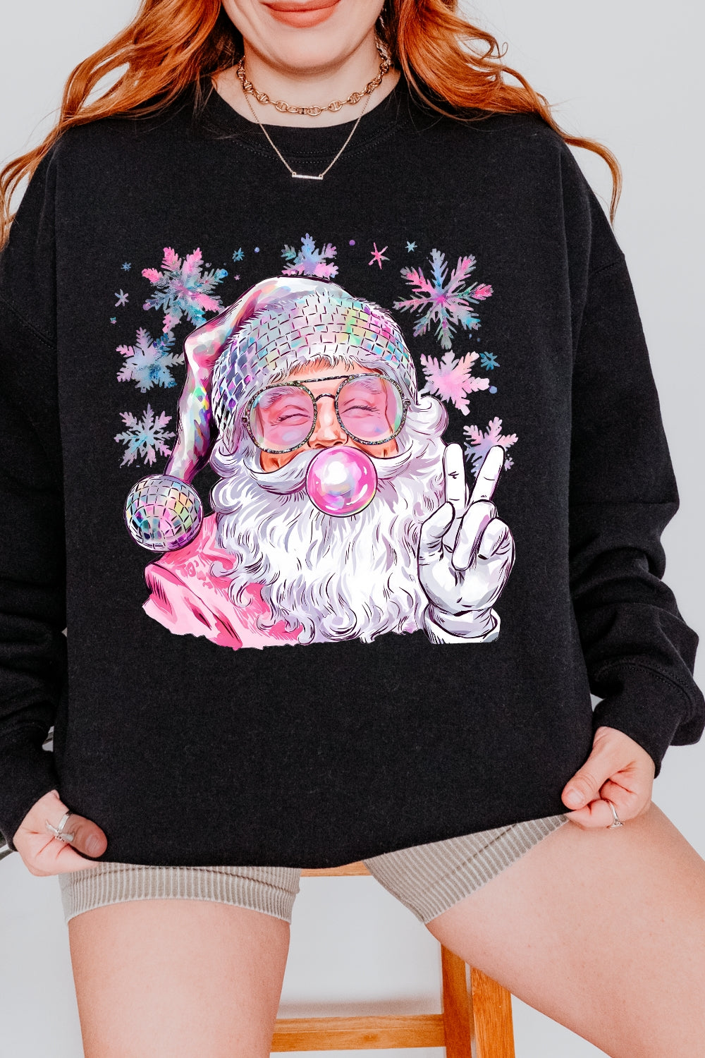 Snowflake Santa Christmas Blowing Bubble Sweatshirt For Women
