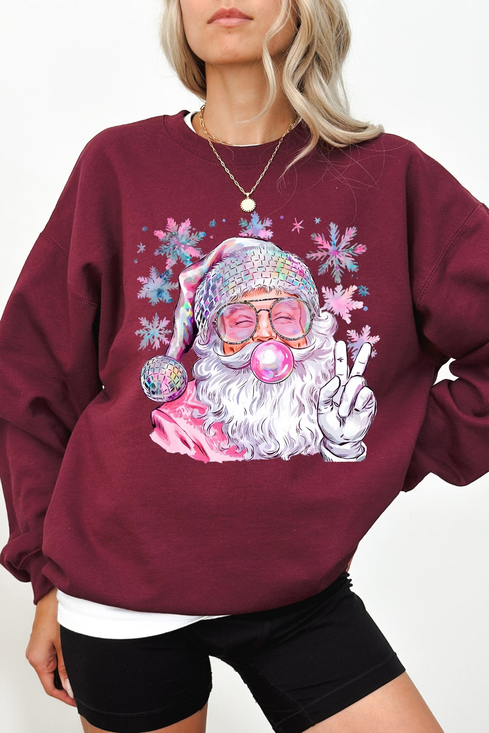 Snowflake Santa Christmas Blowing Bubble Sweatshirt For Women