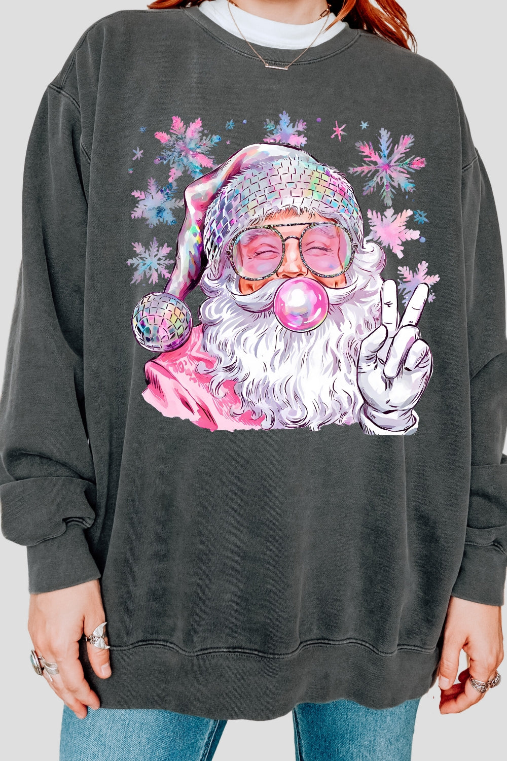 Snowflake Santa Christmas Blowing Bubble Sweatshirt For Women