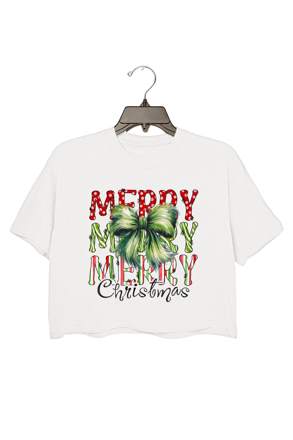 Green Fur Bow Merry Christmas Crop Top For Women