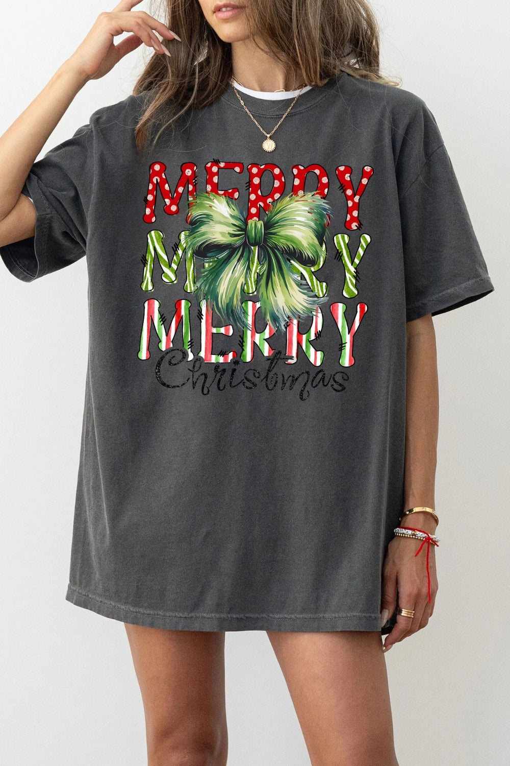 Green Fur Bow Merry Christmas Tee For Women