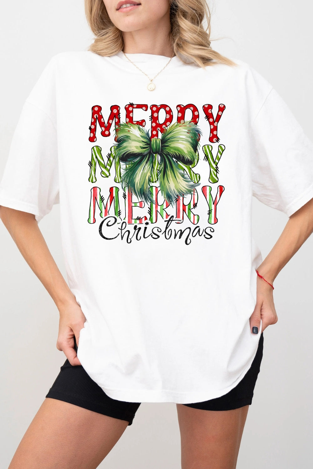 Green Fur Bow Merry Christmas Tee For Women