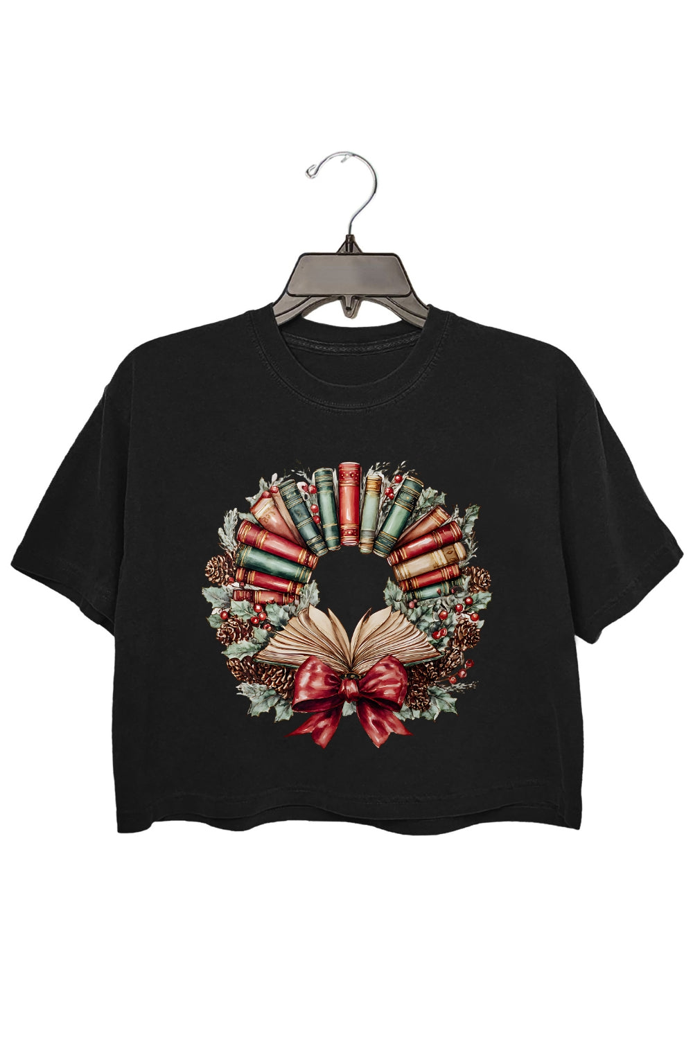 Watercolor Christmas Book Wreath Crop Top For Women