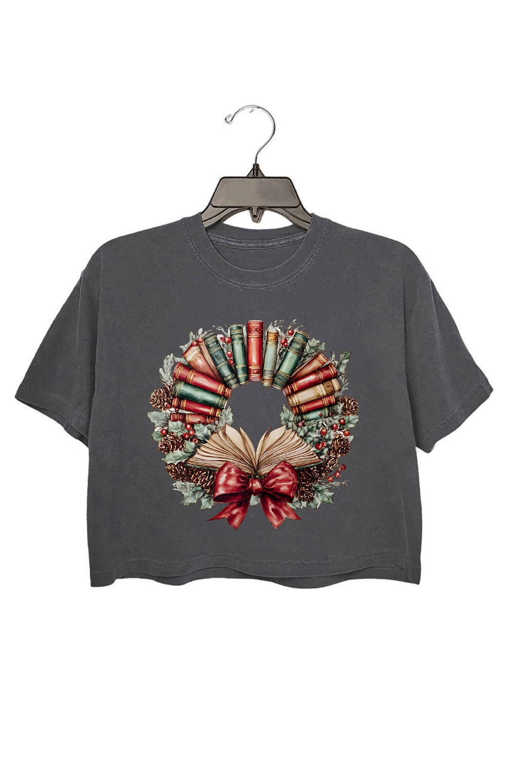 Watercolor Christmas Book Wreath Crop Top For Women