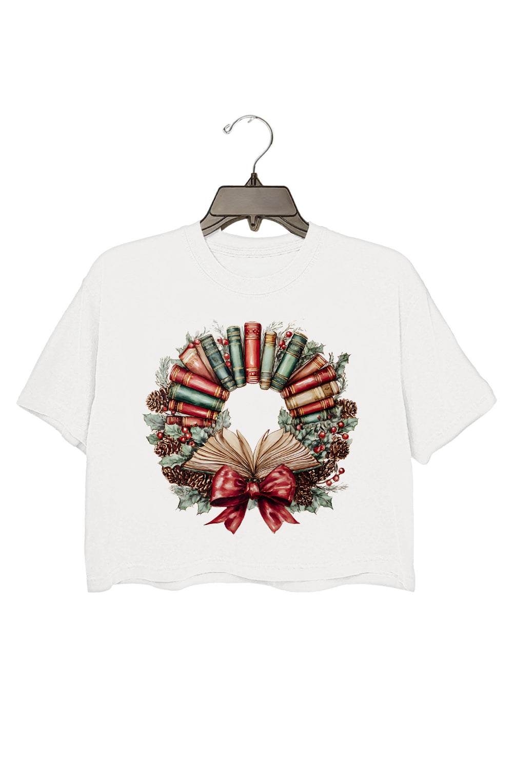 Watercolor Christmas Book Wreath Crop Top For Women