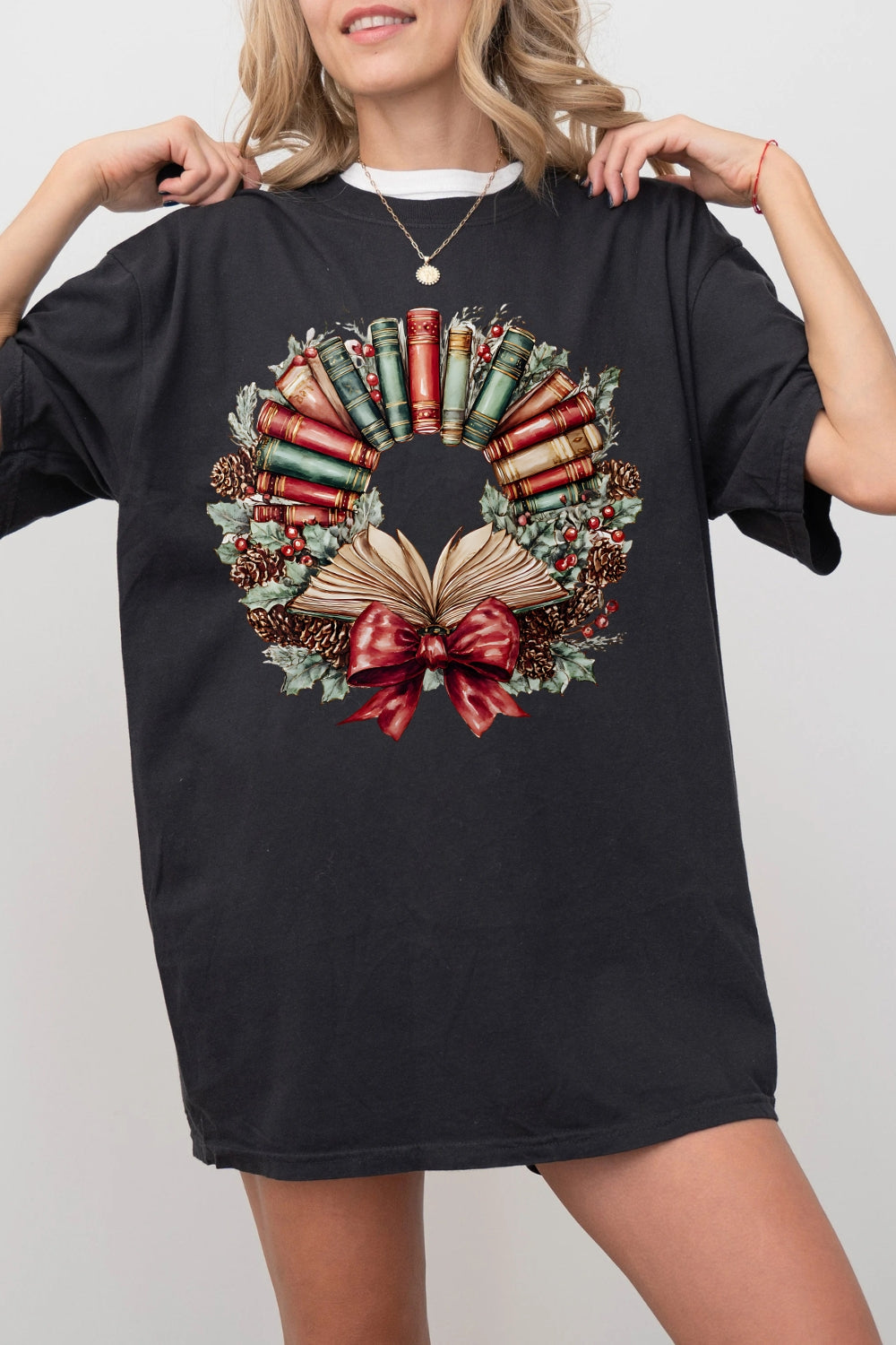 Watercolor Christmas Book Wreath Tee For Women