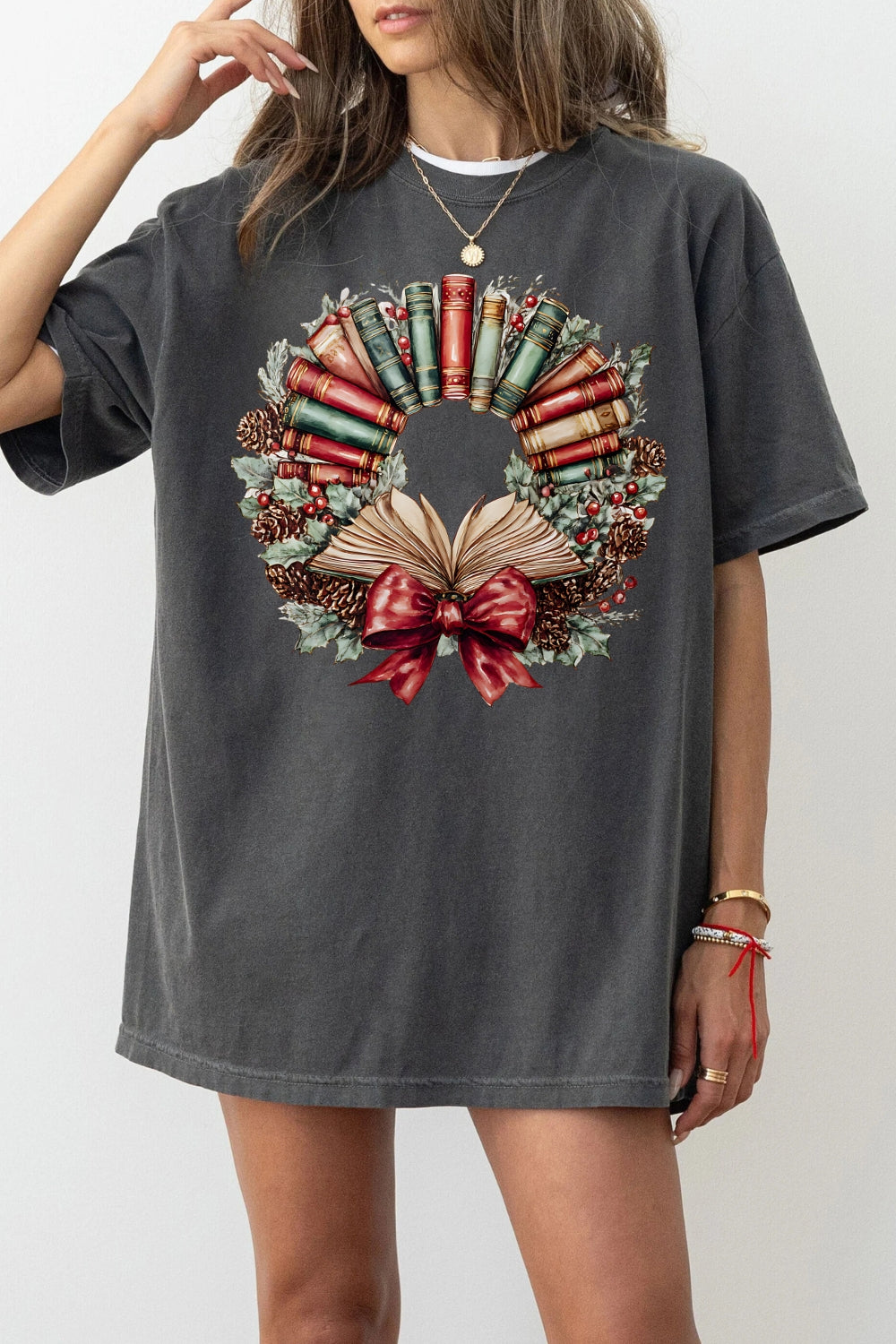 Watercolor Christmas Book Wreath Tee For Women