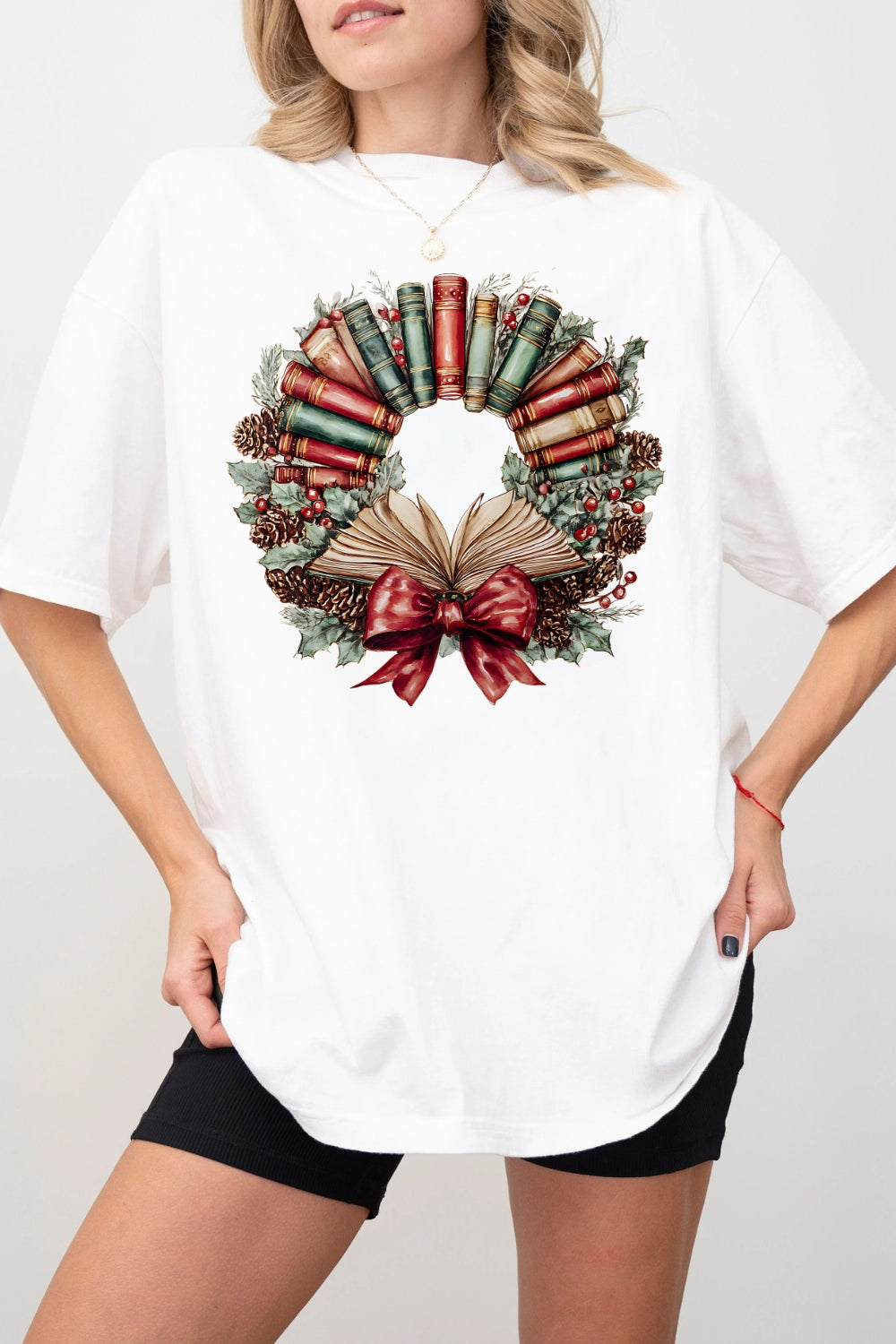 Watercolor Christmas Book Wreath Tee For Women