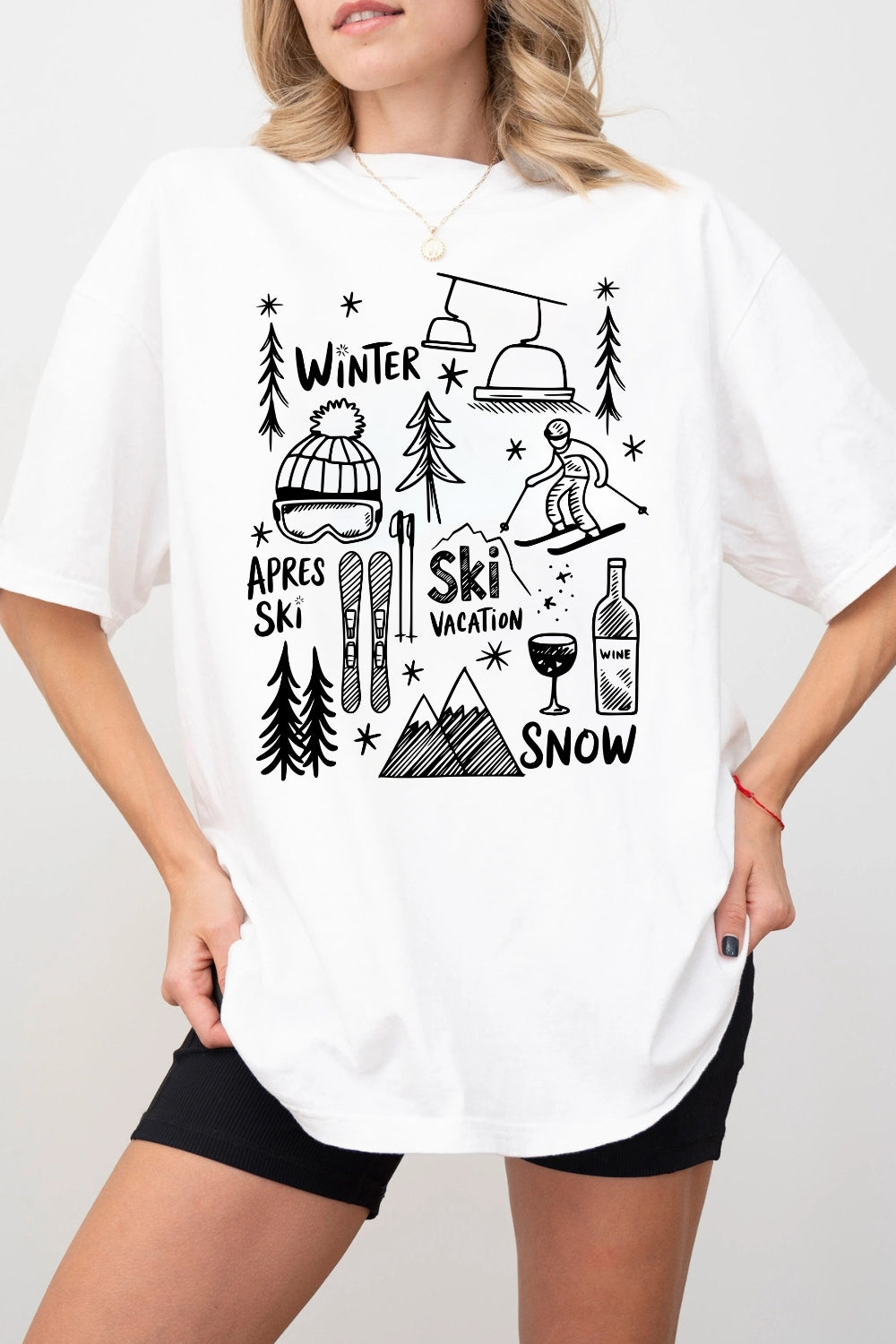 Cute Hand Drawn Ski Vacation Tee For Women