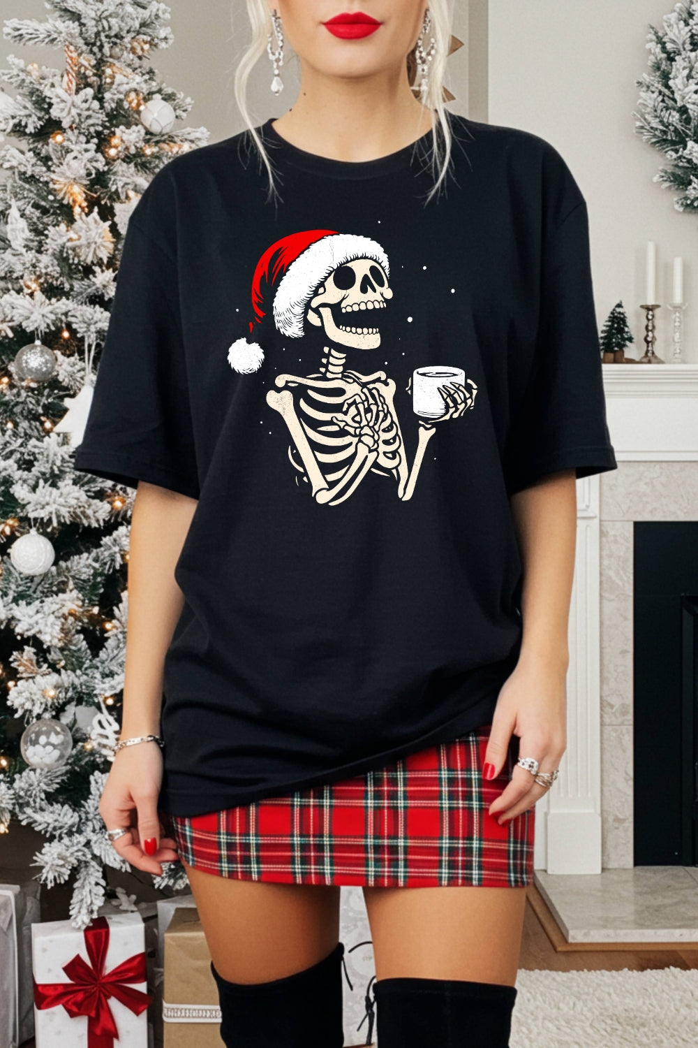 Christmas Skeleton Hot Coffee Tee For Women